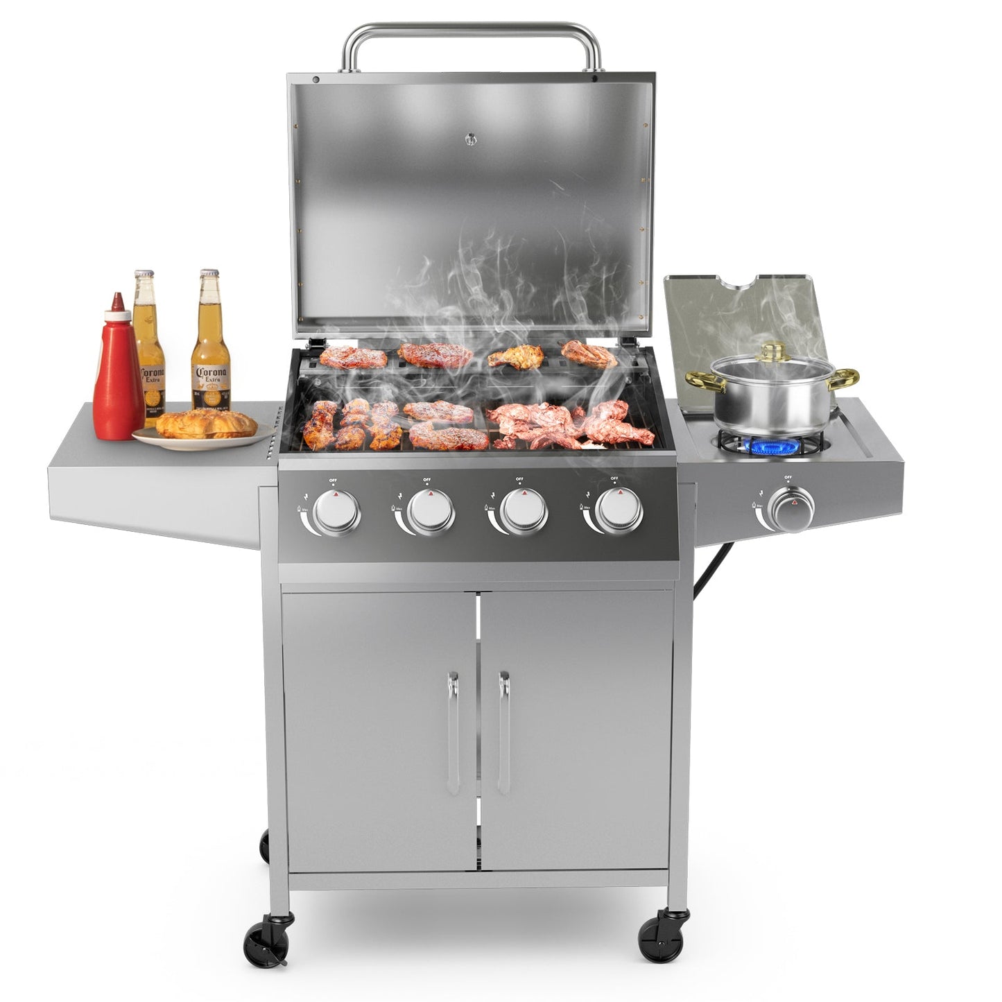 Parrilla de gas propano de 5 quemadores y 50000 BTU con quemador lateral y 2 mesas auxiliares - Plata