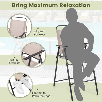 Set of 2 Patio Folding Bar-Height Chairs with Armrests and Quick-Drying Seat-Beige