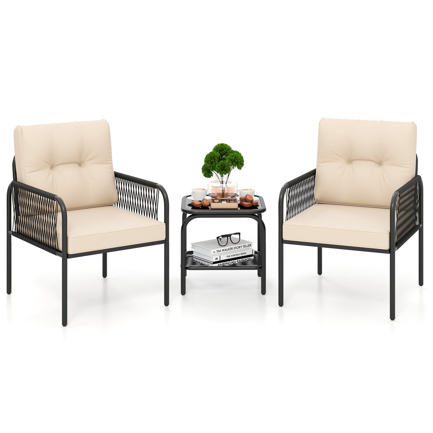 Juego de muebles de mimbre de ratán para exteriores, 3 piezas, para patio y bistró, color beige