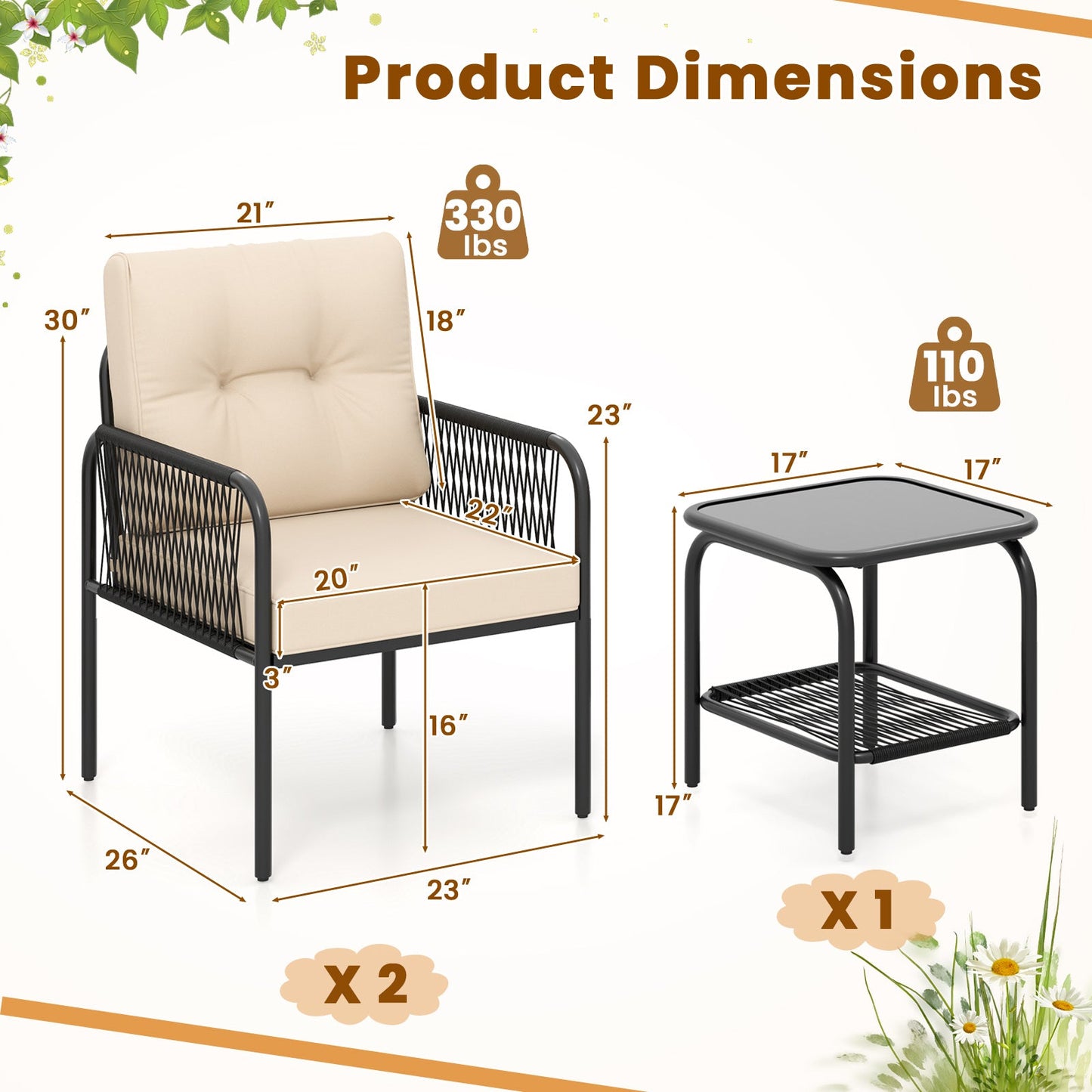 Juego de muebles de mimbre de ratán para exteriores, 3 piezas, para patio y bistró, color beige