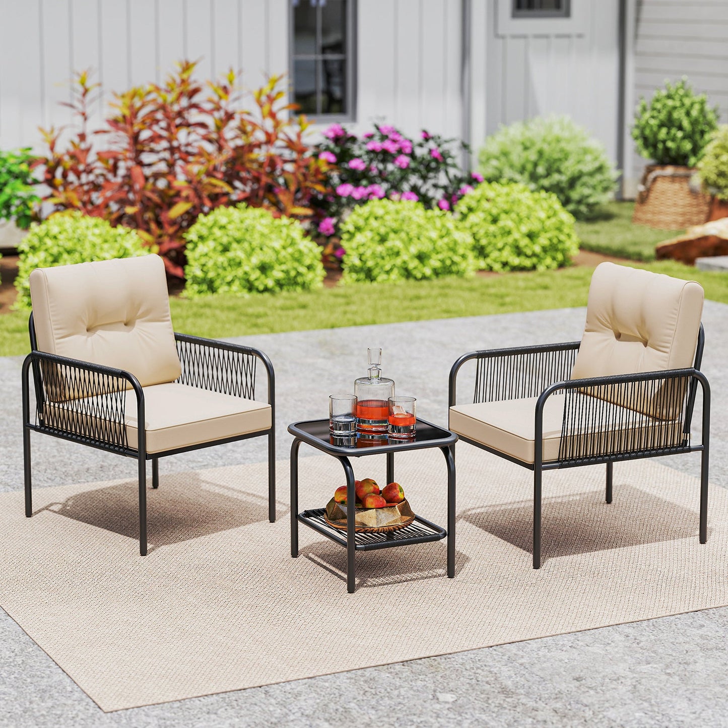 Juego de muebles de mimbre de ratán para exteriores, 3 piezas, para patio y bistró, color beige
