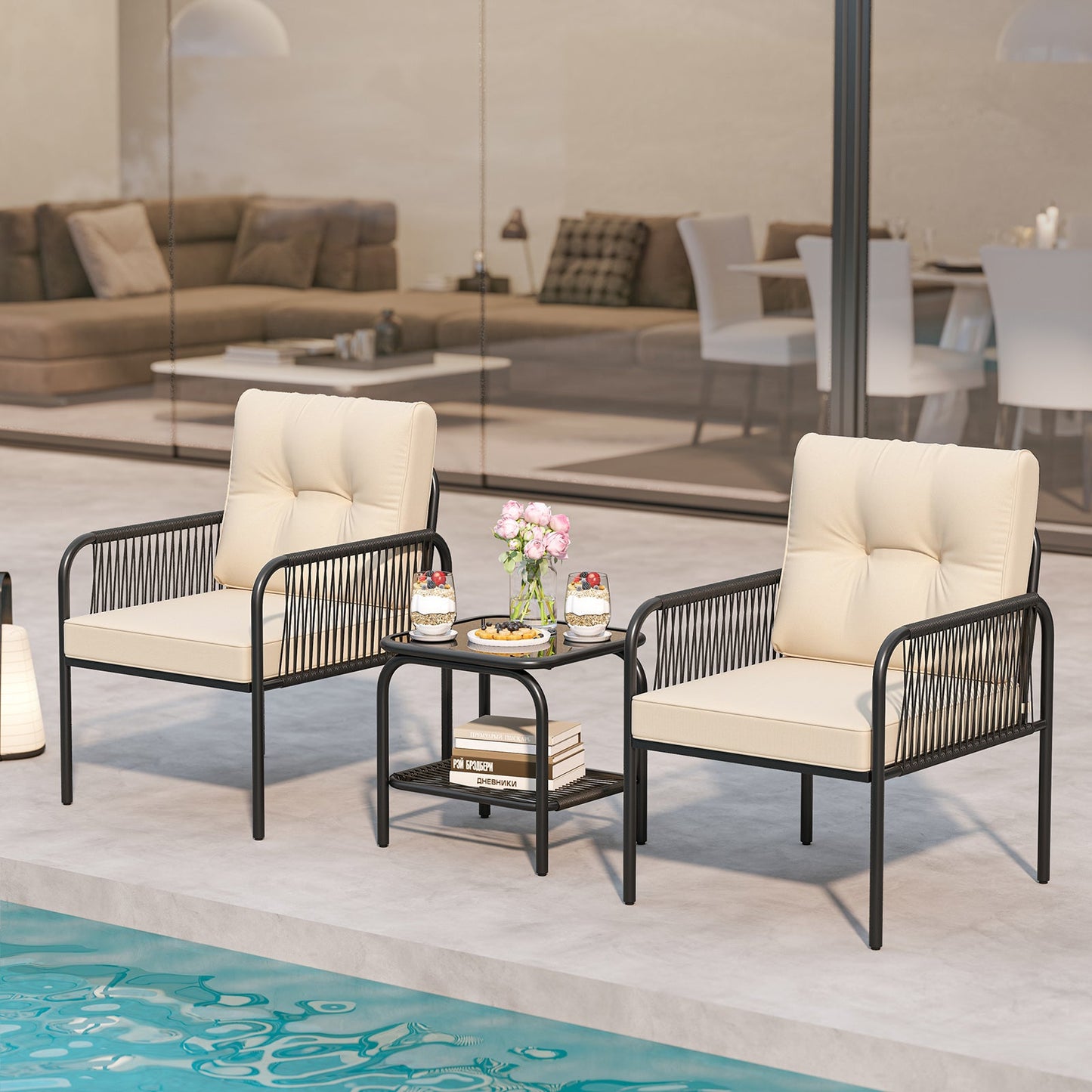 Juego de muebles de mimbre de ratán para exteriores, 3 piezas, para patio y bistró, color beige