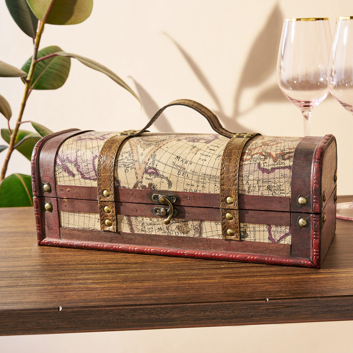 Old World wooden wine box with map print, brown leather straps and brass hardware on Tampa Home & Garden Store
