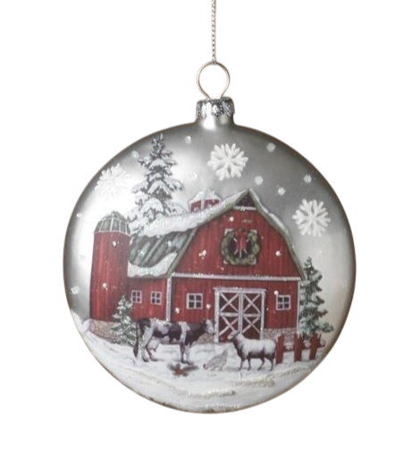 Glass Holiday Barn Disk Ornament - Cows - Tampa Home & Garden Store