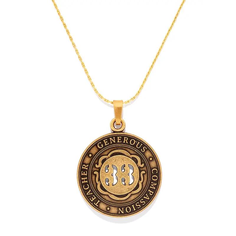 Number 33 Necklace by ALEX AND ANI, gold circular pendant with 33 motif on a chain on Tampa Home & Garden Store