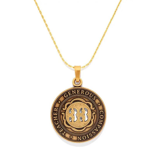 Number 33 Necklace by ALEX AND ANI, gold circular pendant with 33 motif on a chain on Tampa Home & Garden Store