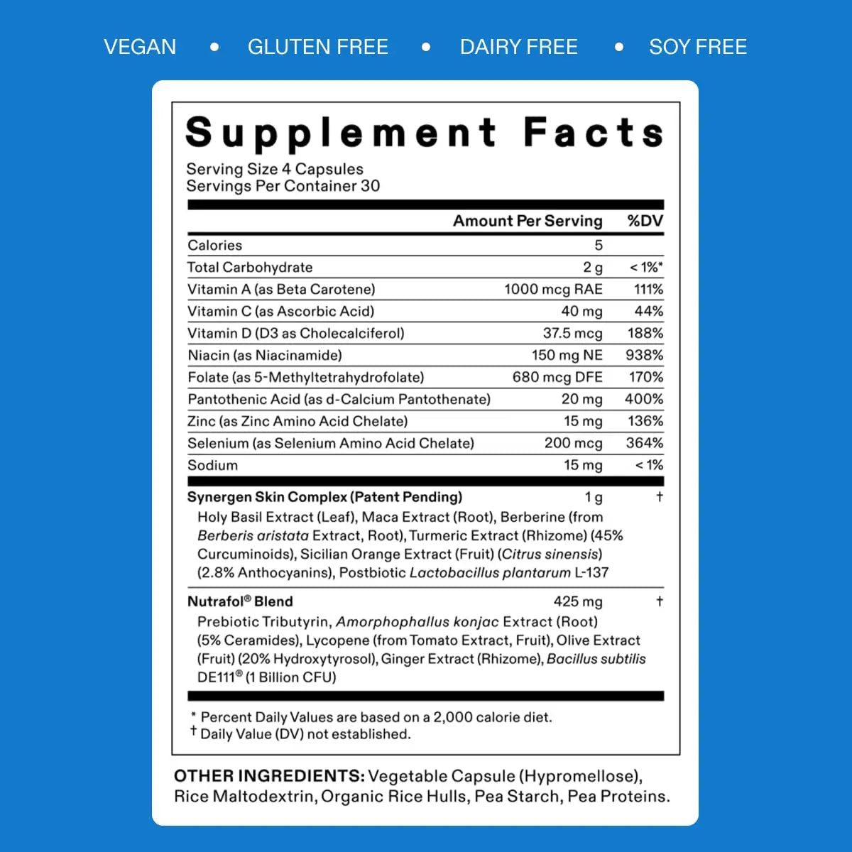 Nutrafol Clear Skin acne supplement label by Nava Beauty with supplement facts panel on Tampa Home & Garden Store