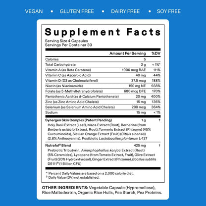 Nutrafol Clear Skin acne supplement label by Nava Beauty with supplement facts panel on Tampa Home & Garden Store