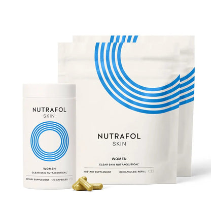 Nutrafol Skin Women Clear Skin Nutraceutical bottle with blue circular logo beside white pouches 120 capsules on Tampa Home & Garden Store