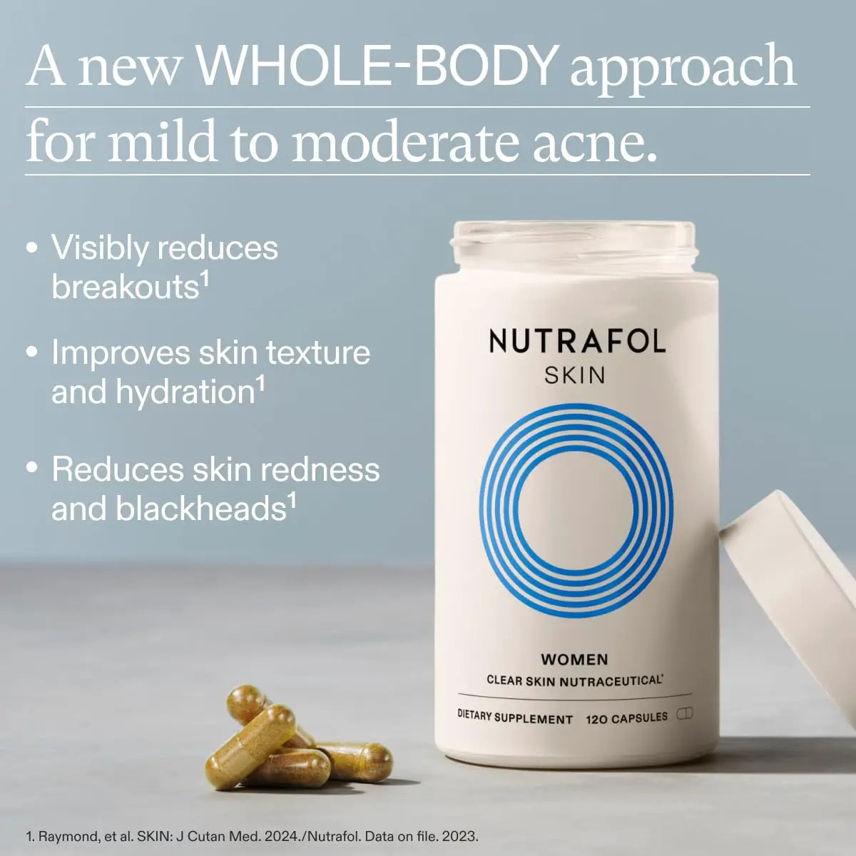Nutrafol Skin white bottle with blue concentric logo and five capsules on a blue backdrop on Tampa Home & Garden Store