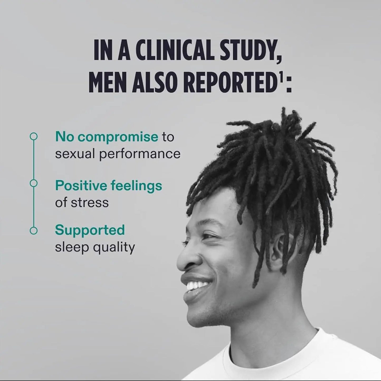 Nutrafol Men's Hair Growth Supplement 3-Month Supply by Nava Beauty; grayscale portrait of a smiling man with dreadlocks and teal left-side benefits on Tampa Home & Garden Store