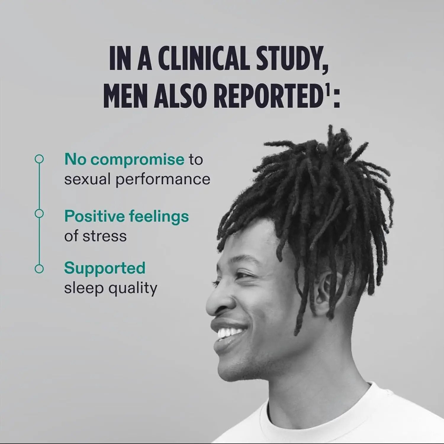 Nutrafol Men's Hair Growth Supplement 3-Month Supply by Nava Beauty; grayscale portrait of a smiling man with dreadlocks and teal left-side benefits on Tampa Home & Garden Store