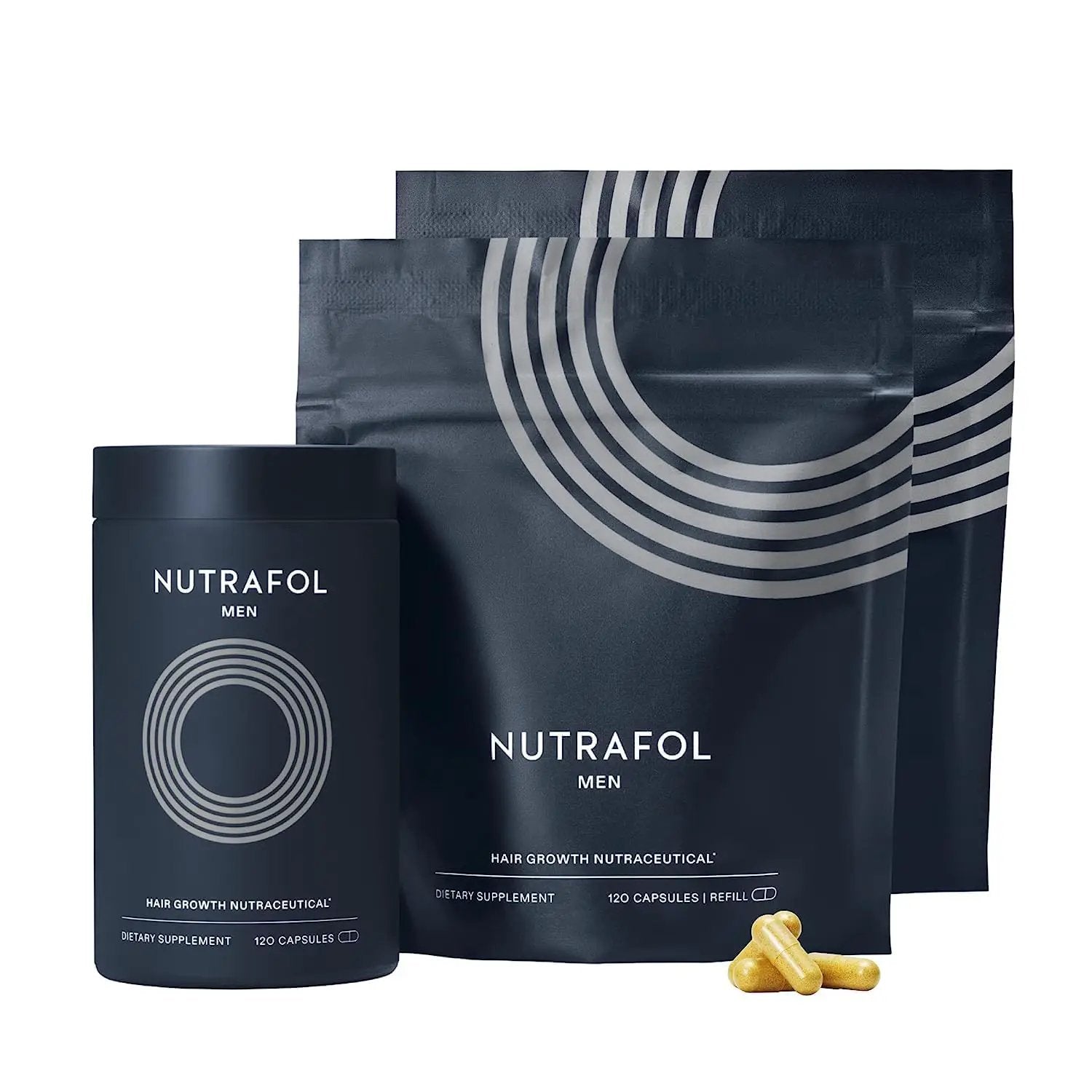Nutrafol Men hair growth supplement bottle with navy packaging and refill pouches 120 capsules on Tampa Home & Garden Store