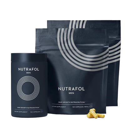 Nutrafol Men hair growth supplement bottle with navy packaging and refill pouches 120 capsules on Tampa Home & Garden Store