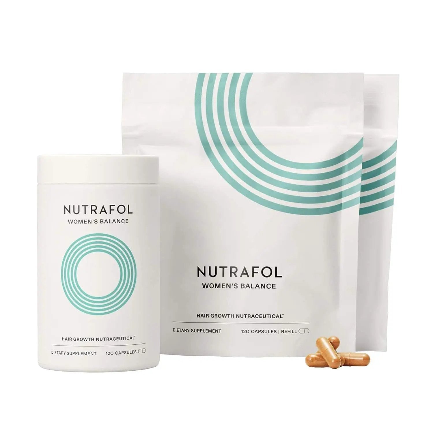 Nutrafol Women's Balance hair growth set with bottle and refill pouches, teal rings design on Tampa Home & Garden Store