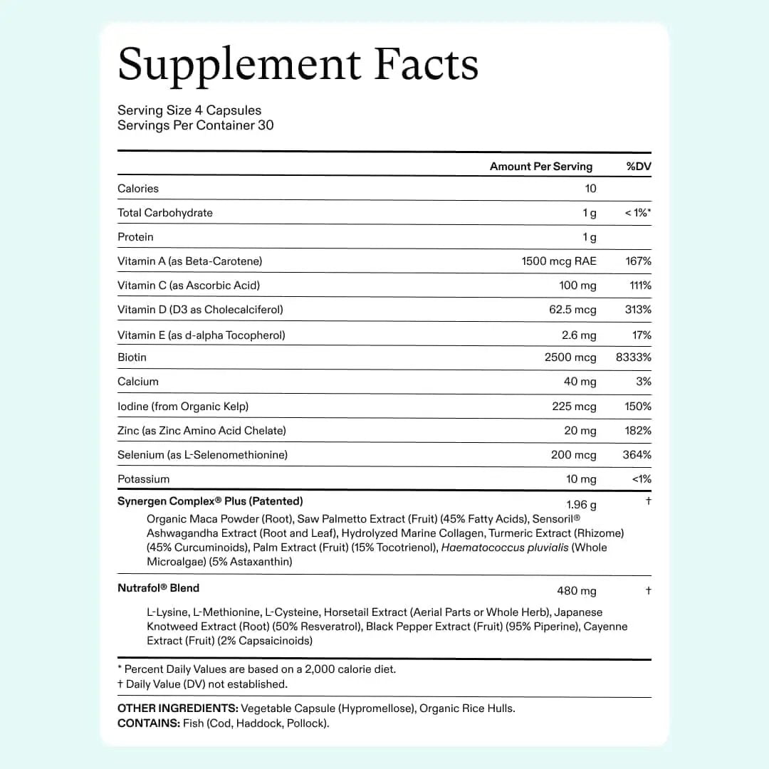 Nutrafol Women's Balance hair growth pack supplement facts label with vitamin list Nava Beauty on Tampa Home & Garden Store
