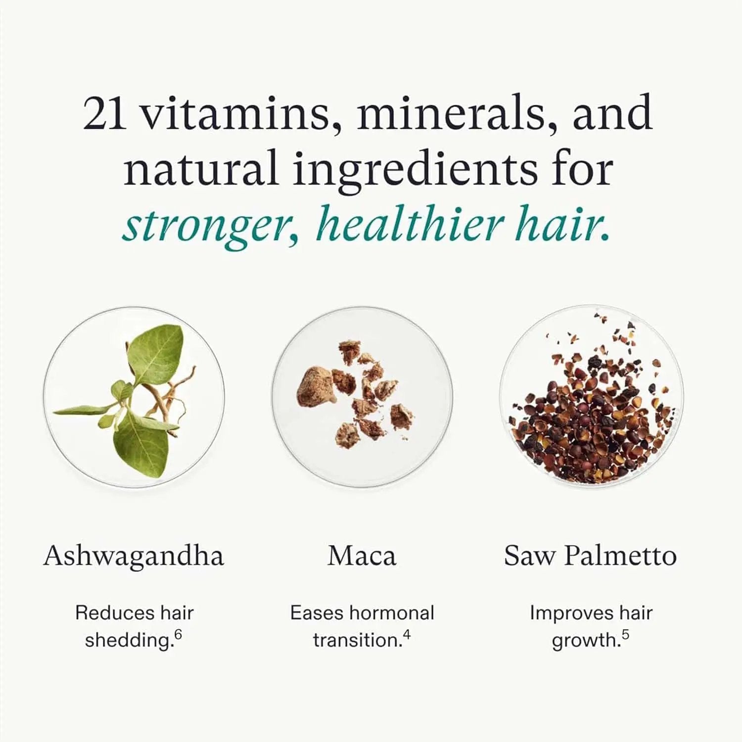 Nutrafol Women's Balance 3-Month Hair Growth Pack by Nava Beauty; Ashwagandha, Maca, Saw Palmetto in glass dishes on Tampa Home & Garden Store