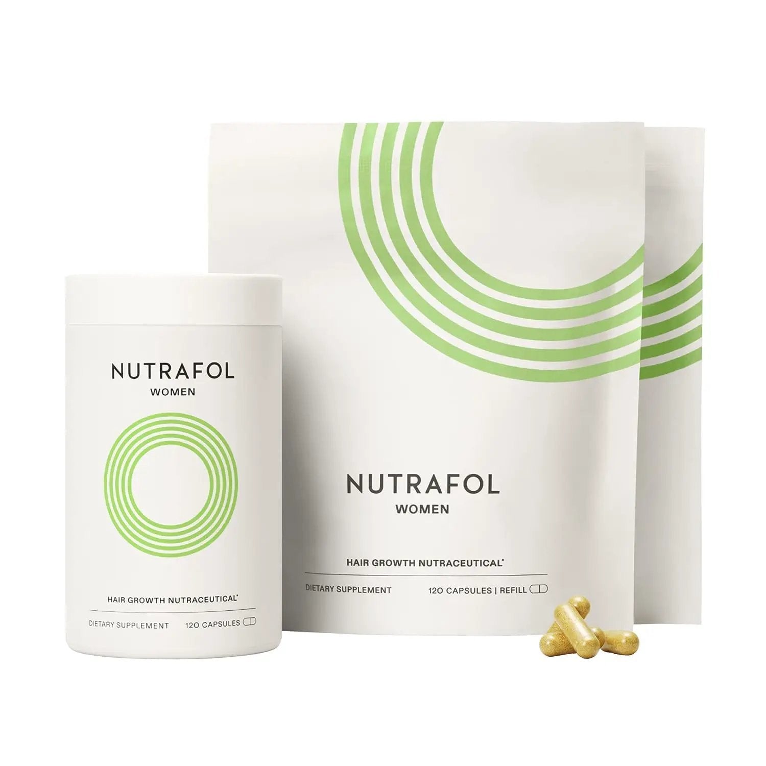 Nutrafol Women hair growth supplement bottle with green concentric arc logo and refill pouches on Tampa Home & Garden Store