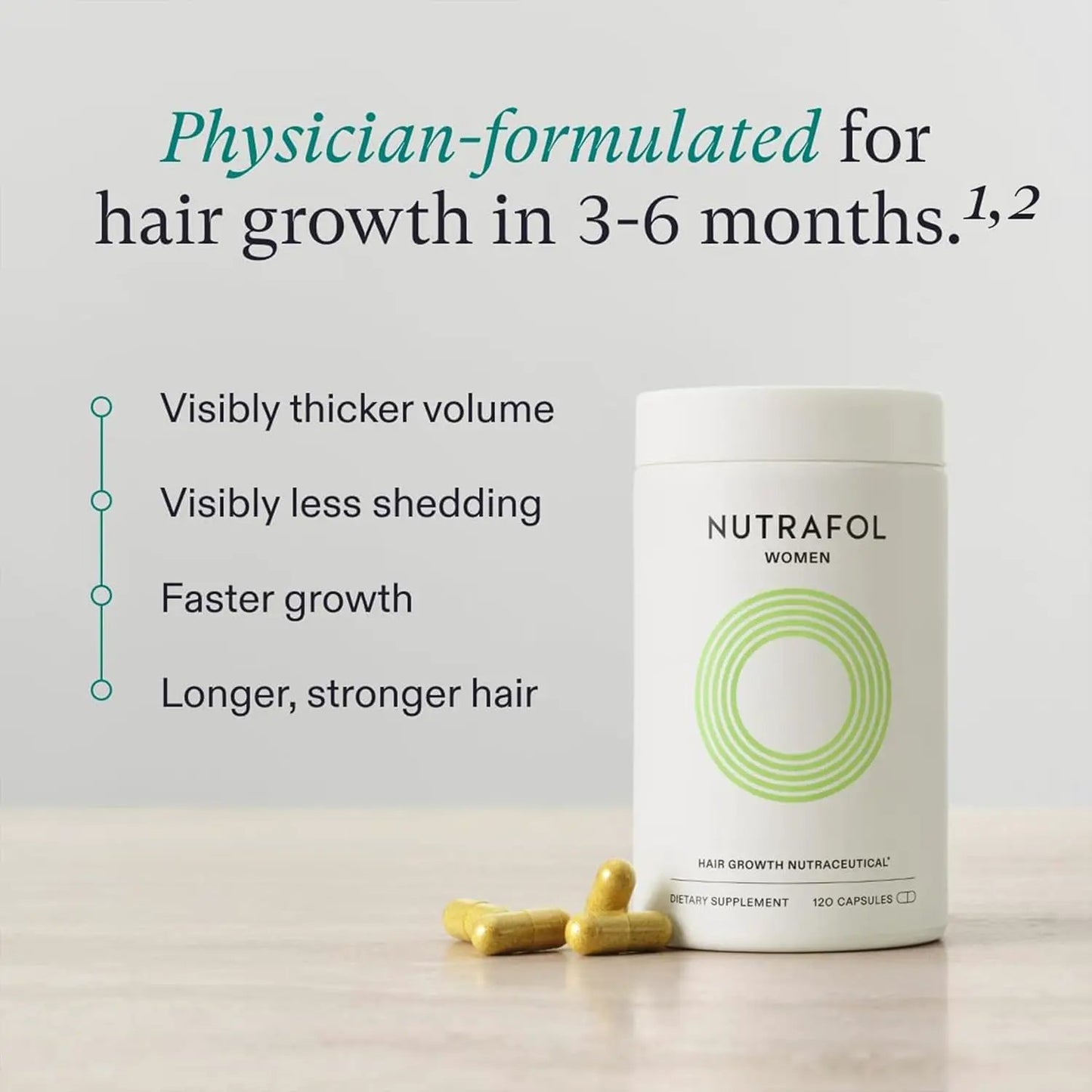 Nutrafol Women hair growth supplement bottle by Nava Beauty lime-green logo 120 capsules on Tampa Home & Garden Store