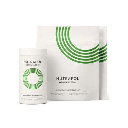 Nutrafol Women's Vegan Hair Growth Supplement bottle with green circular logo and refill pouch on Tampa Home & Garden Store