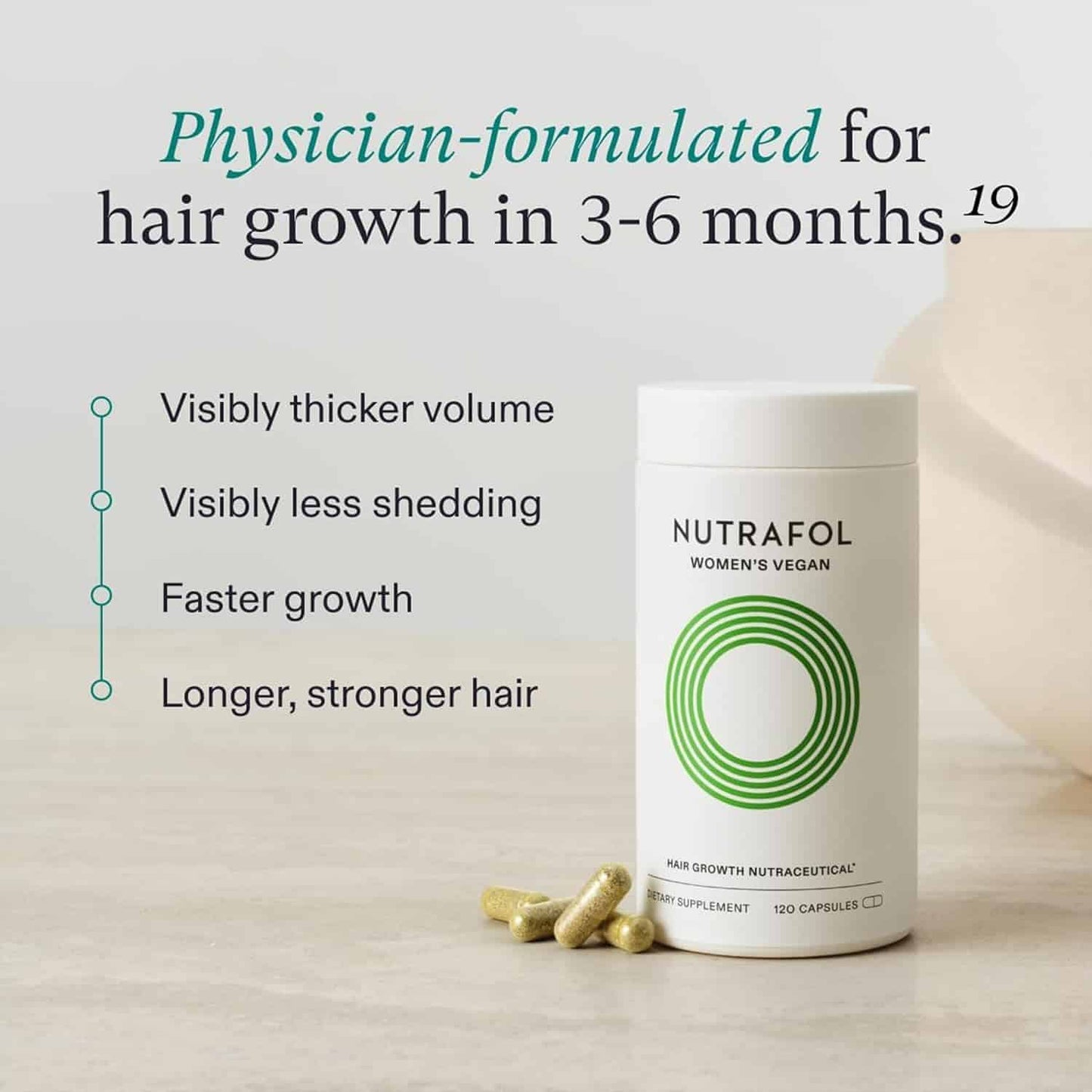 Nutrafol Women's Vegan Hair Growth supplement bottle with green logo and gold capsules on Tampa Home & Garden Store