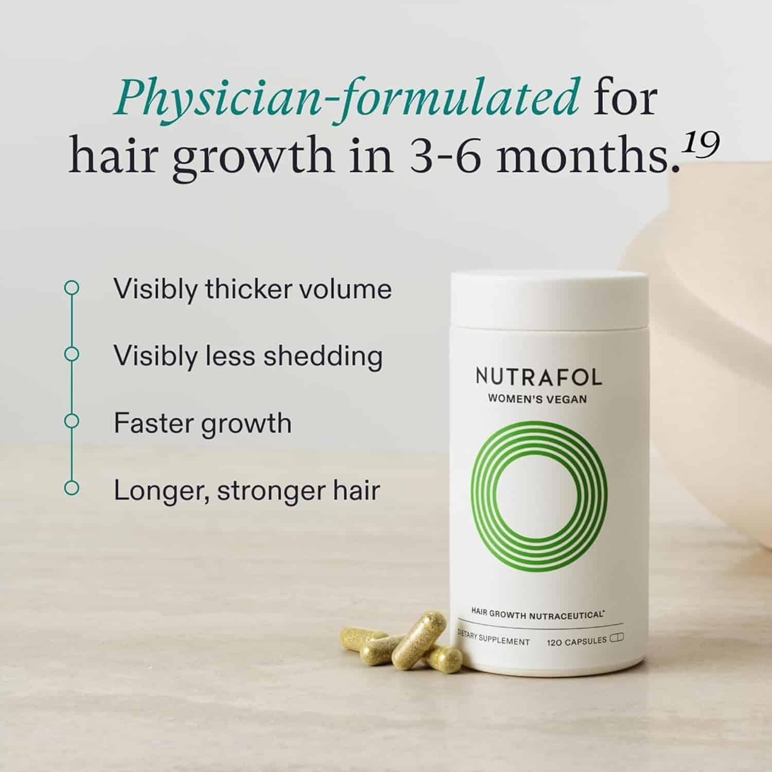 Nutrafol Women's Vegan Hair Growth supplement bottle with green logo and gold capsules on Tampa Home & Garden Store