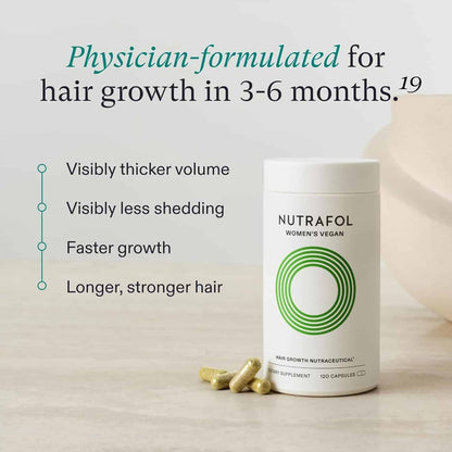Nutrafol Women's Vegan Hair Growth supplement bottle with green logo and gold capsules on Tampa Home & Garden Store