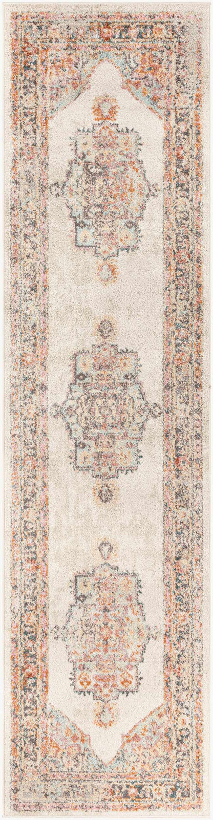 Hillcrest Area Rug by Boutique Rugs, cream-toned runner with orange blue medallions on Tampa Home & Garden Store
