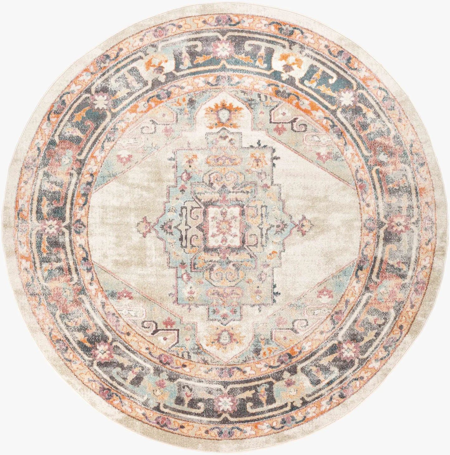 Hillcrest Area Rug round with vintage medallion pattern in pastel pink, blue and orange on Tampa Home & Garden Store