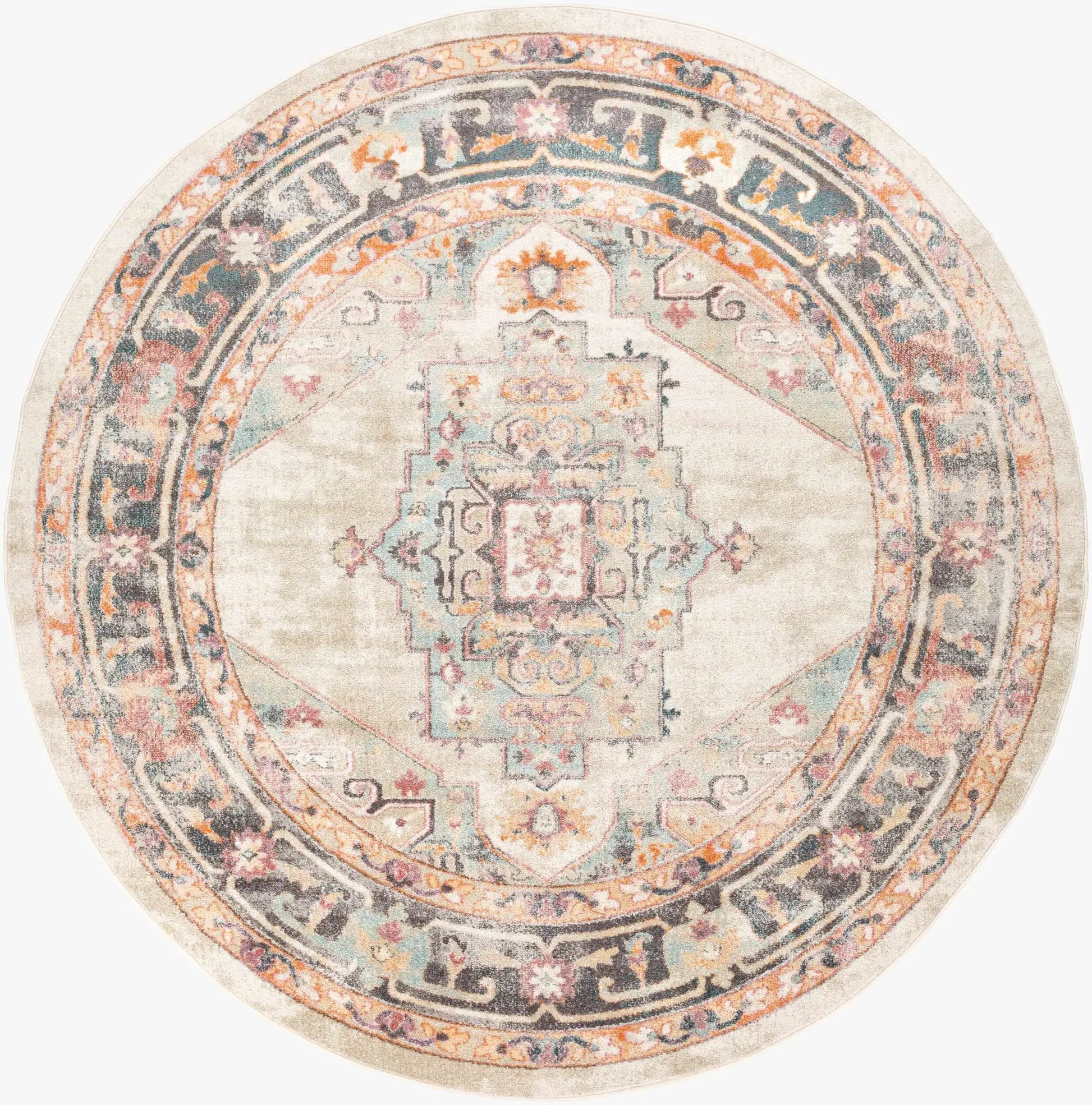 Hillcrest Area Rug round with vintage medallion pattern in pastel pink, blue and orange on Tampa Home & Garden Store