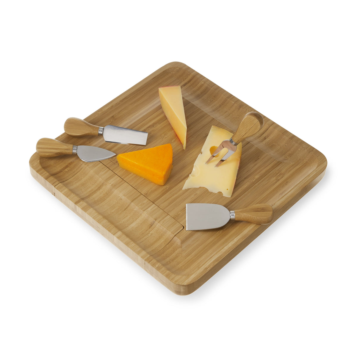 Four Piece Bamboo Cheese Board and Knife Set by Twine Living with assorted cheese wedges on Tampa Home & Garden Store