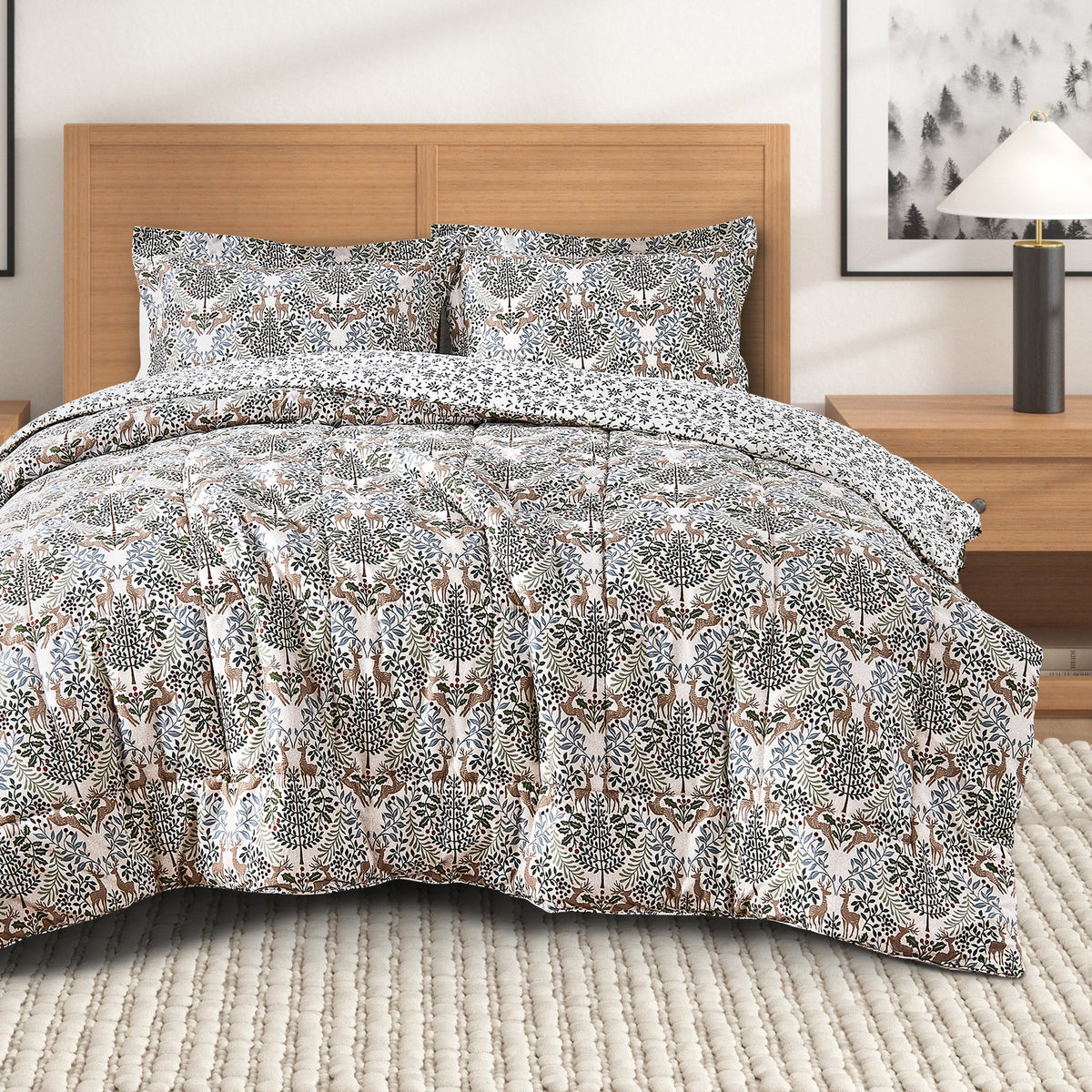 Reversible Christmas Comforter & Sham Set with woodland deer on white by Great Bay Home on Tampa Home & Garden Store