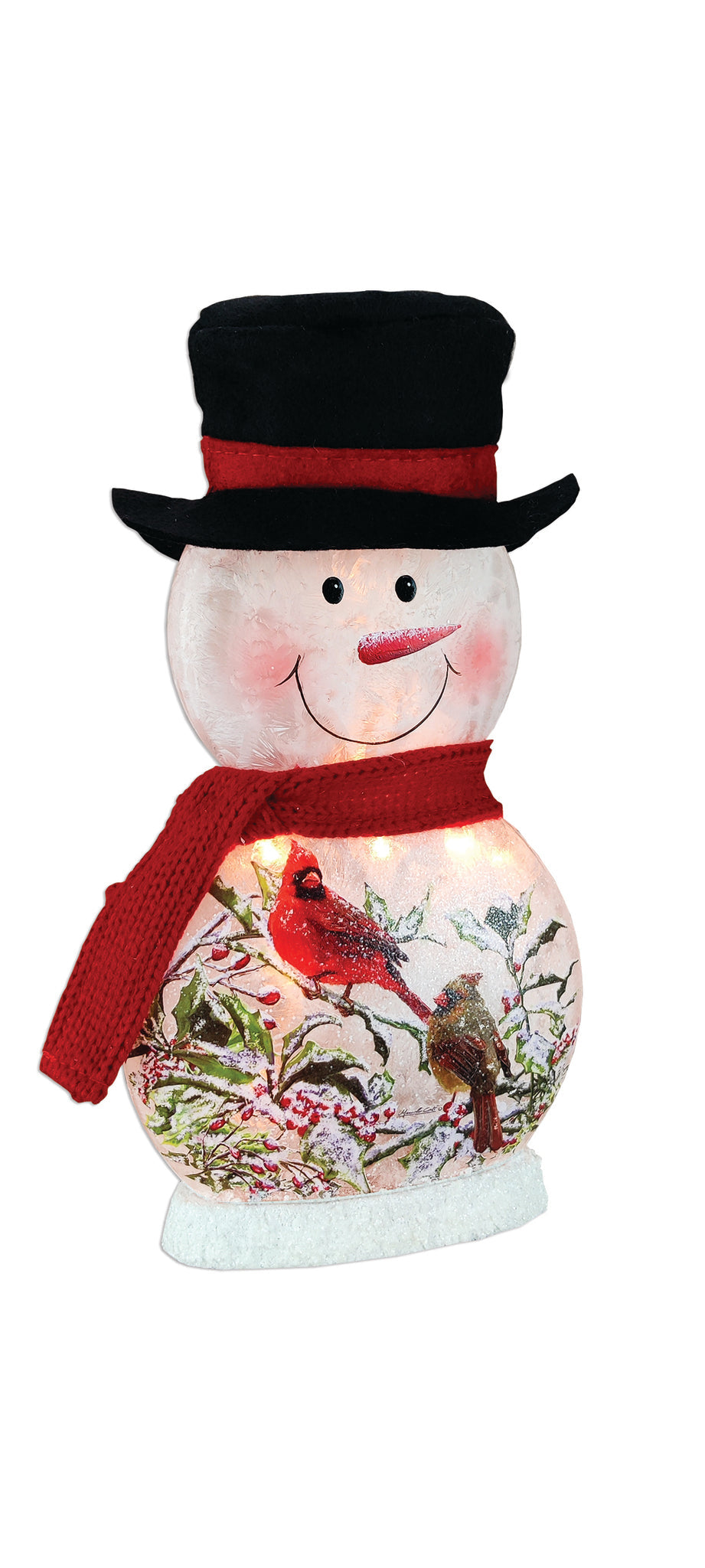 Muñeco de nieve iluminado con acebo y cardenal, sombrero y bufanda