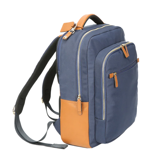 Nylon & Leather Laptop Backpack – Navy with Brown Trim (16")