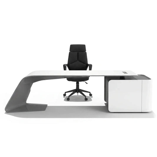 Gödel executive desk by Arc Grove, white with curved leg and right cabinet on Tampa Home & Garden Store