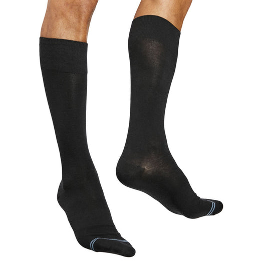 DeadSoxy Nyx black boardroom dress socks two knee-highs shown with light blue stripe detail on Tampa Home & Garden Store