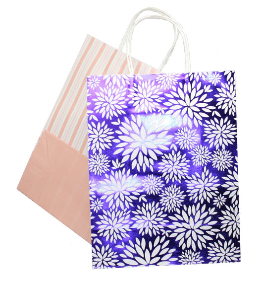 Lot de 2 grands sacs cadeaux en kraft à rayures florales