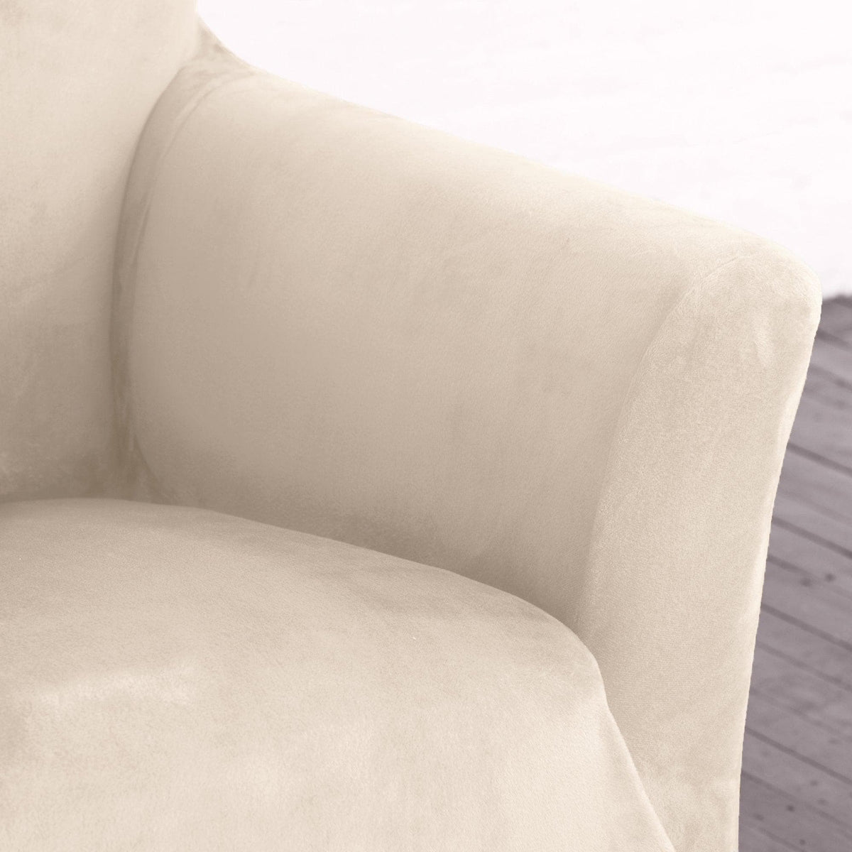 Velvet Stretch Slipcover Gale Collection in cream beige on upholstered armchair on Tampa Home & Garden Store