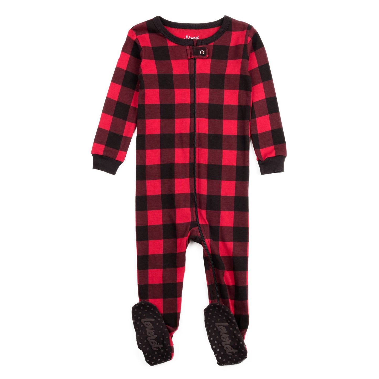 Kids Footed Cotton Pajama Black And  Red Plaid -