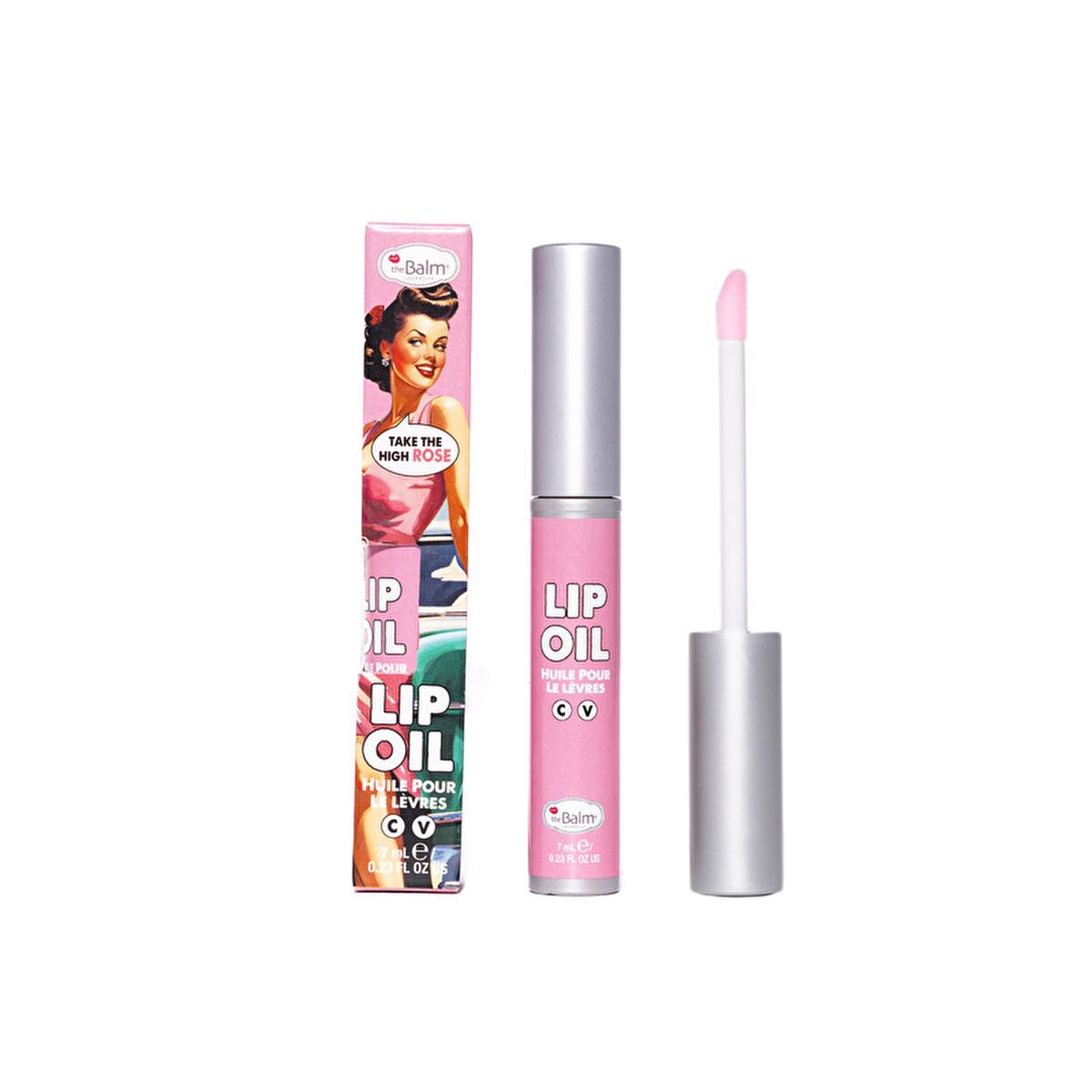 theBalm Lip Oil Take The High Rose set: pink tube with silver cap, wand applicator on Tampa Home & Garden Store