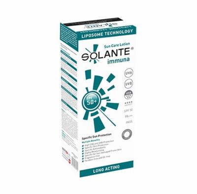 Solante Immuna Sunscreen box with SPF 50+ and fragrance-free, 5.07 oz, white teal packaging on Tampa Home & Garden Store