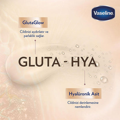 Vaseline Gluta-Hya face serum packaging with GlutaGlow and Hyaluronic Acid on peach background on Tampa Home & Garden Store