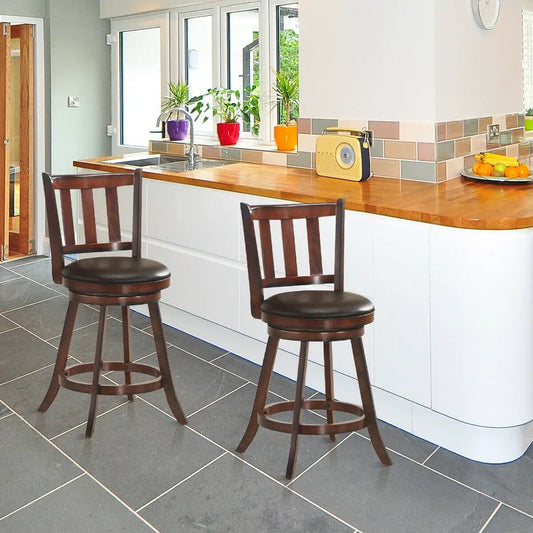 Two Piece 360 Degree Swivel Counter Stool Set in dark brown wood with cushioned seats on Tampa Home & Garden Store