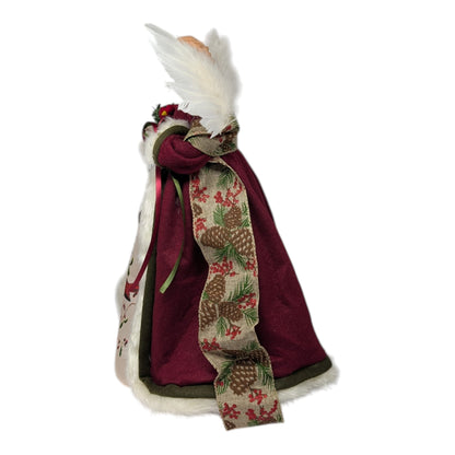 Cardinal Angel Tree Topper burgundy velvet robe with white feather wings and pinecone ribbon on Tampa Home & Garden Store
