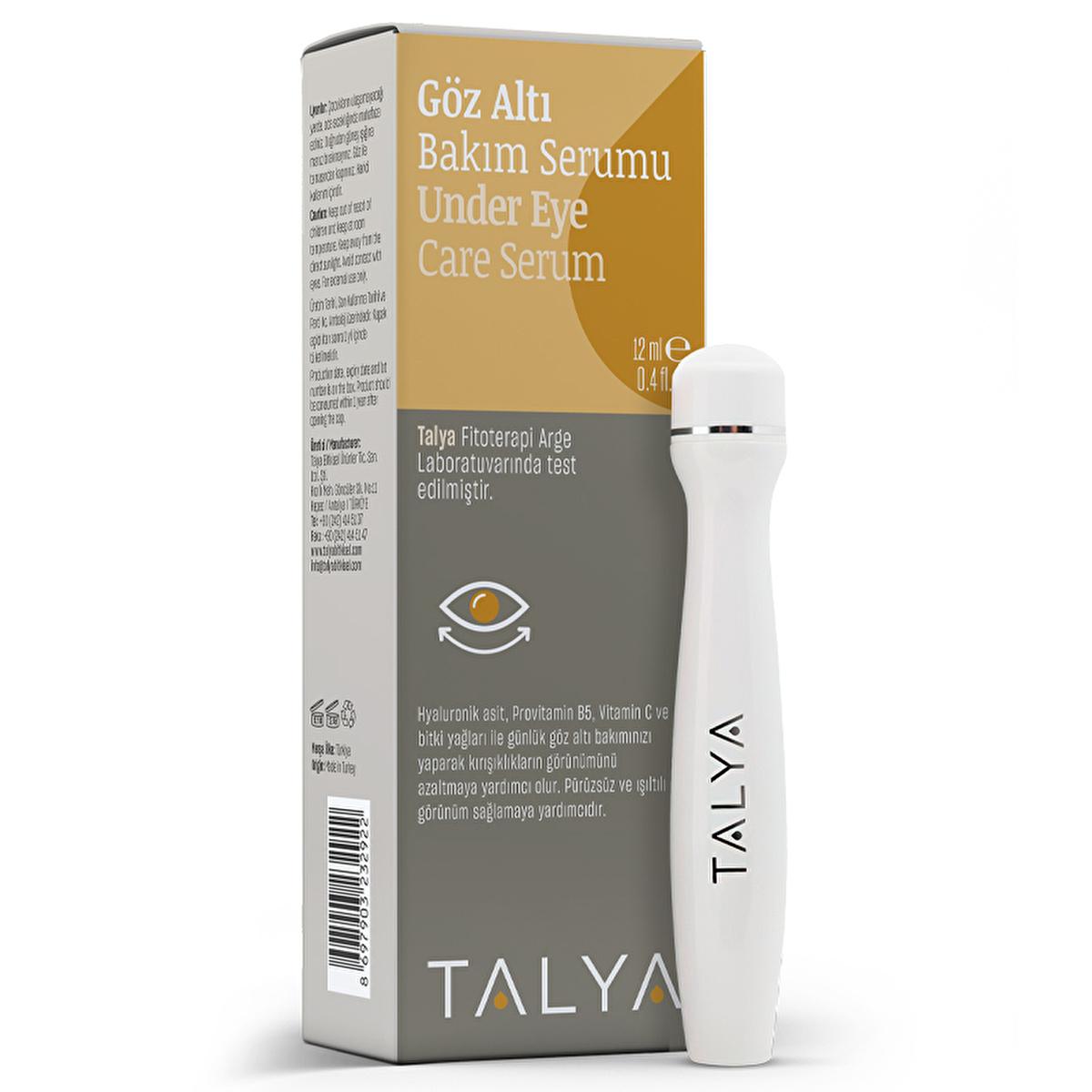 Talya Under Eye Serum Roll-On bottle with white roller beside orange-gray box, hyaluronic acid and vitamin C eye care on Tampa Home & Garden Store