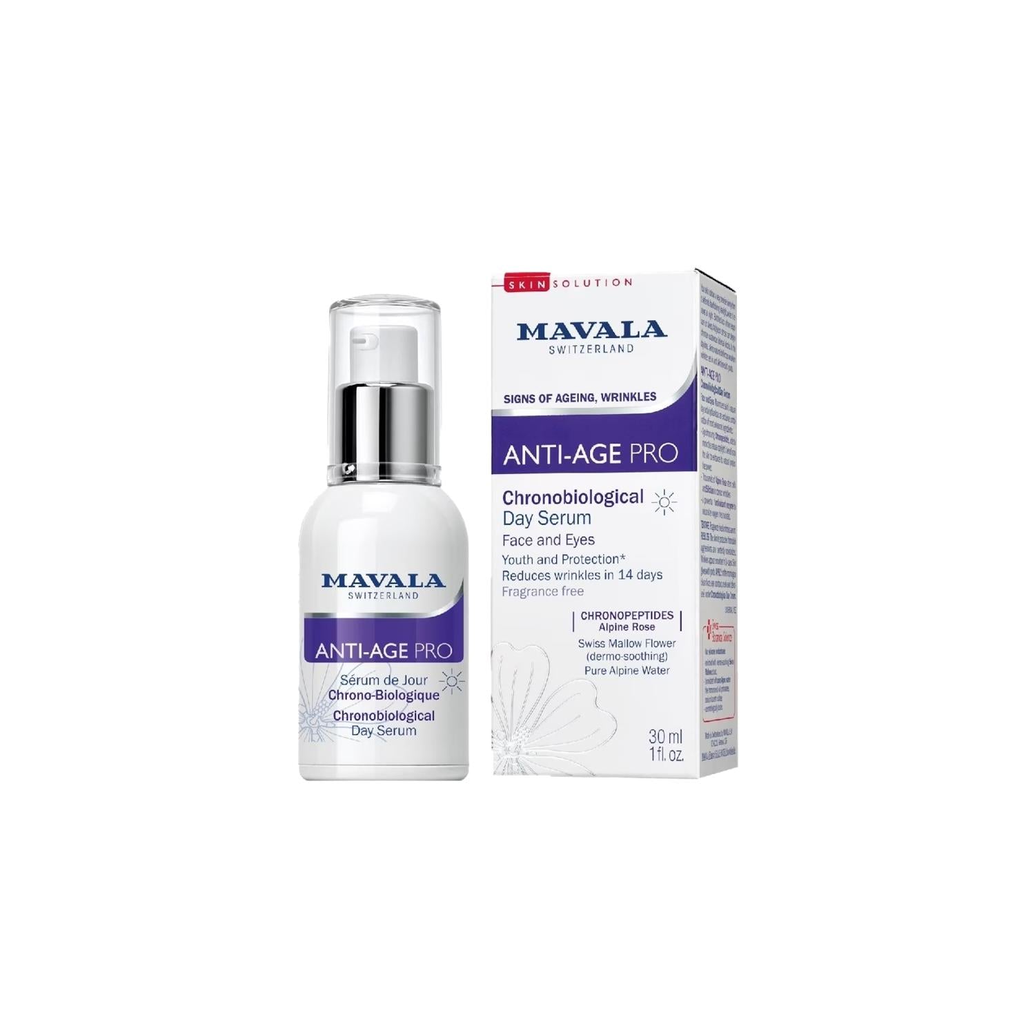 Mavala Anti-Age Pro Chronobiological Day Serum bottle and box, 30 ml on Tampa Home & Garden Store