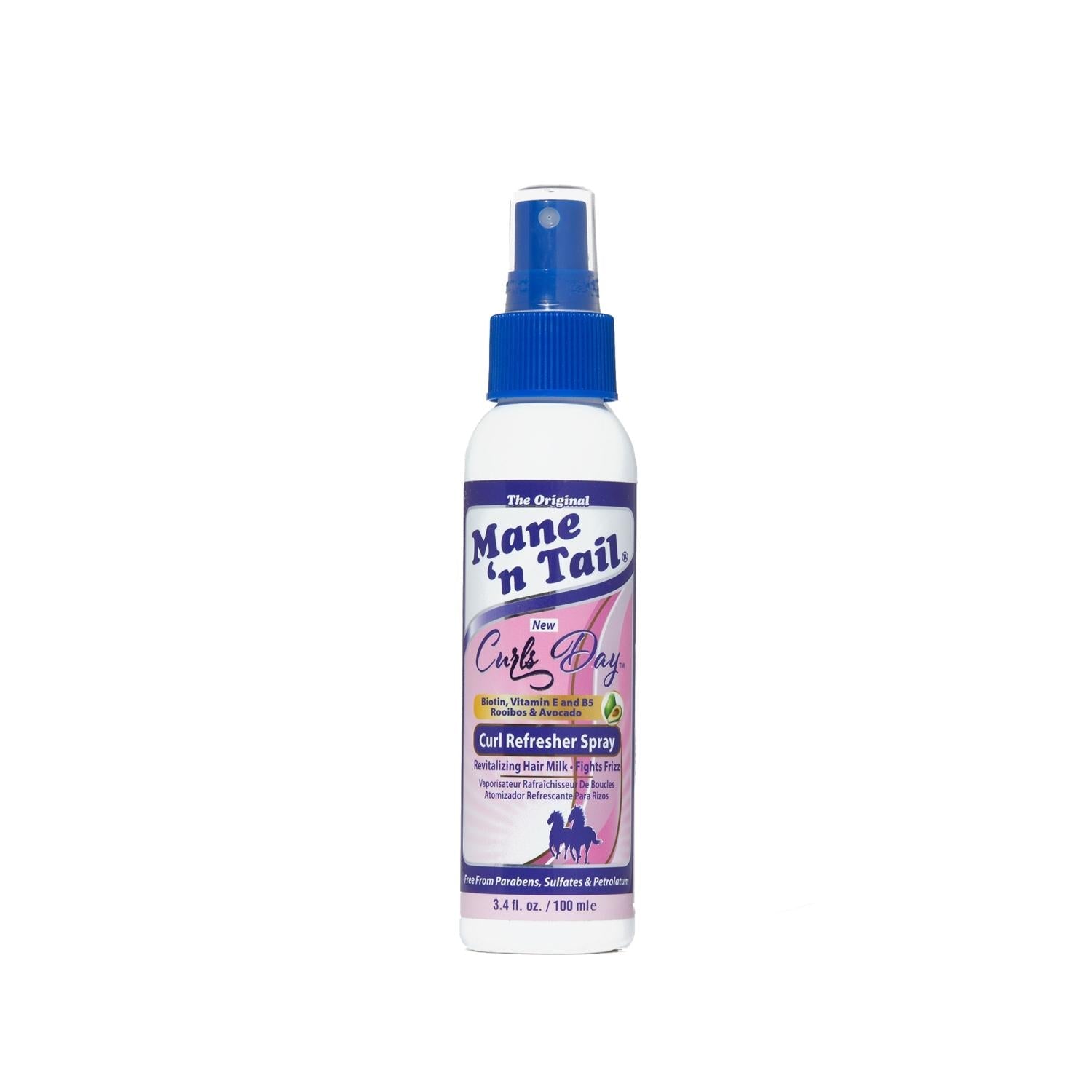 Mane 'n Tail Curls Day Curl Refresher hair spray bottle with blue spray nozzle and pink label on Tampa Home & Garden Store
