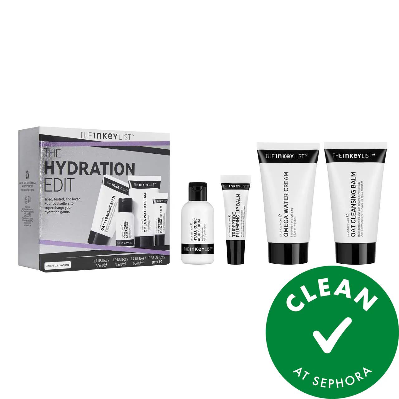 Skincare set The Hydration Edit by The Inkey List; white tubes and bottle with a gray box on Tampa Home & Garden Store