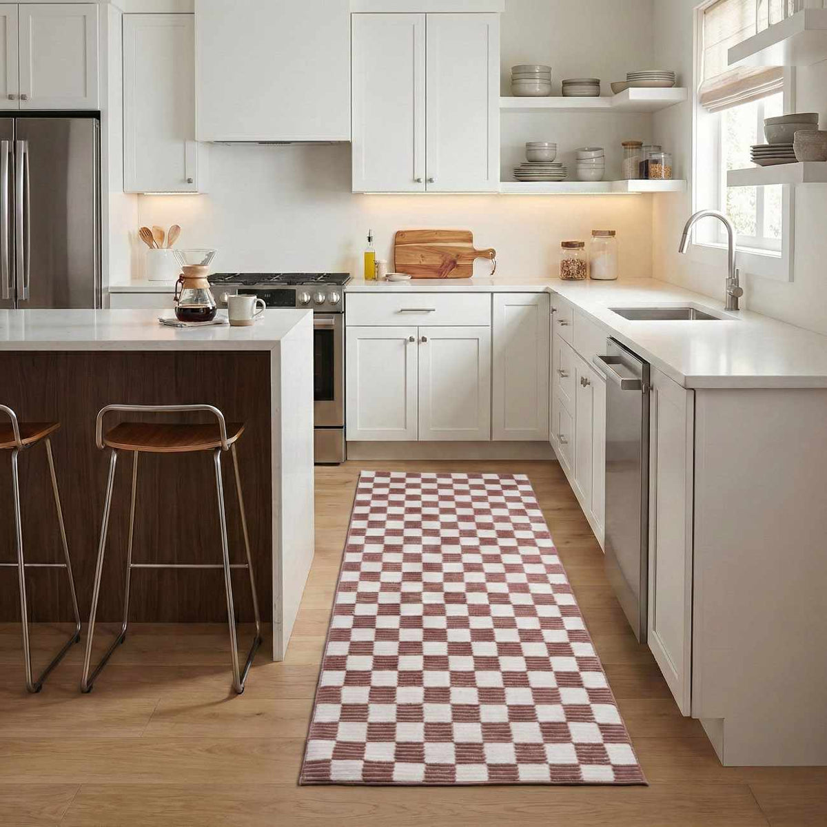 Kaysar Brown Checkered Washable Area Rug Boutique Rugs brown white checkerboard runner on Tampa Home & Garden Store