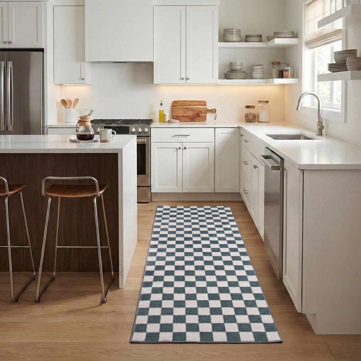 Kaysar Oil Green Checkered Washable Area Rug kitchen runner by Boutique Rugs on Tampa Home & Garden Store